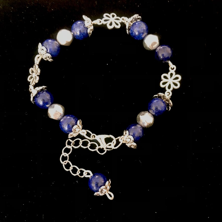 Silver Bracelet featuring vibrant Lapis Lazuli - 7” (with 1.5” extension) 