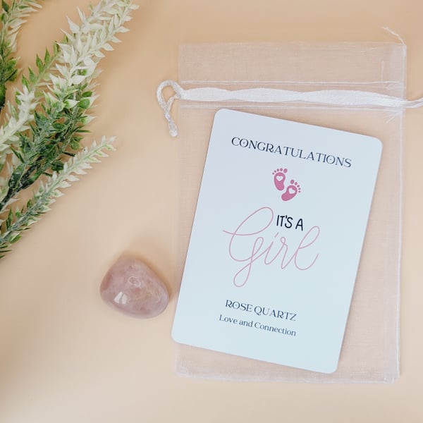 It's A Girl Congratulations Gift And Card For New Baby Girl Rose Quartz Crystal