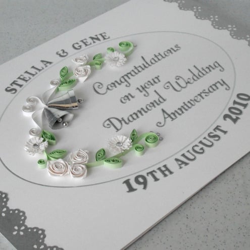 Handmade 60th diamond wedding anniversary card with quilled flowers and bells