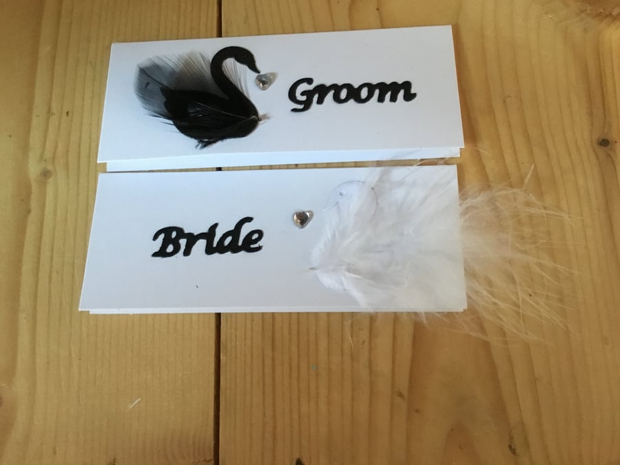 Wedding stationery. Place card. Hand crafted. Swans.