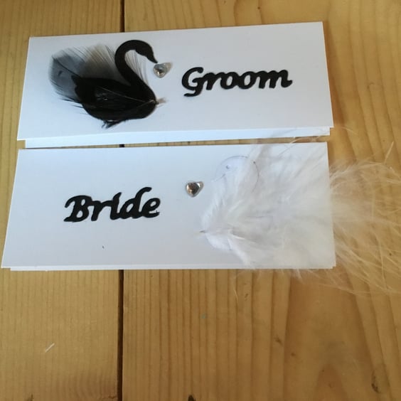 Wedding stationery. Place card. Hand crafted. Swans.
