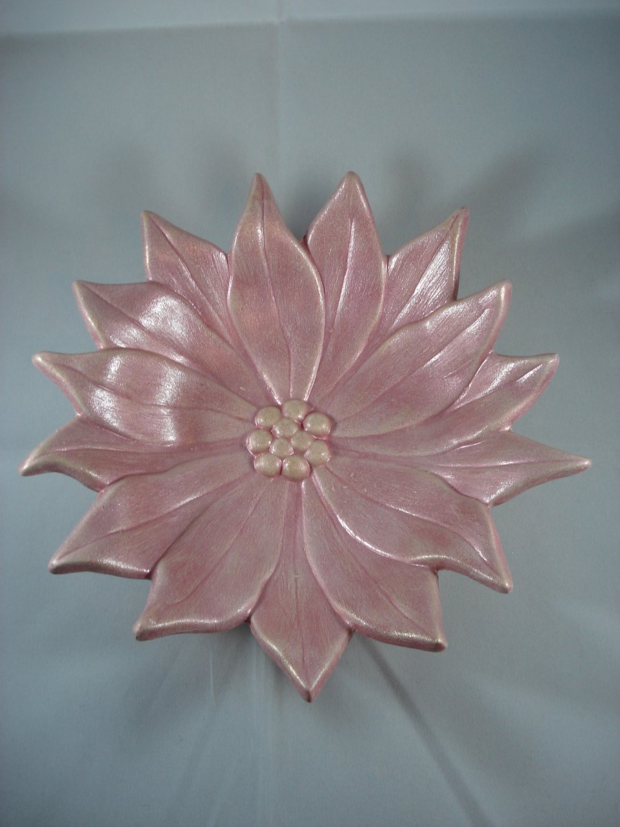 Ceramic Pink Poinsettia Flower Decorative Ornamental Christmas Dish Decoration. 
