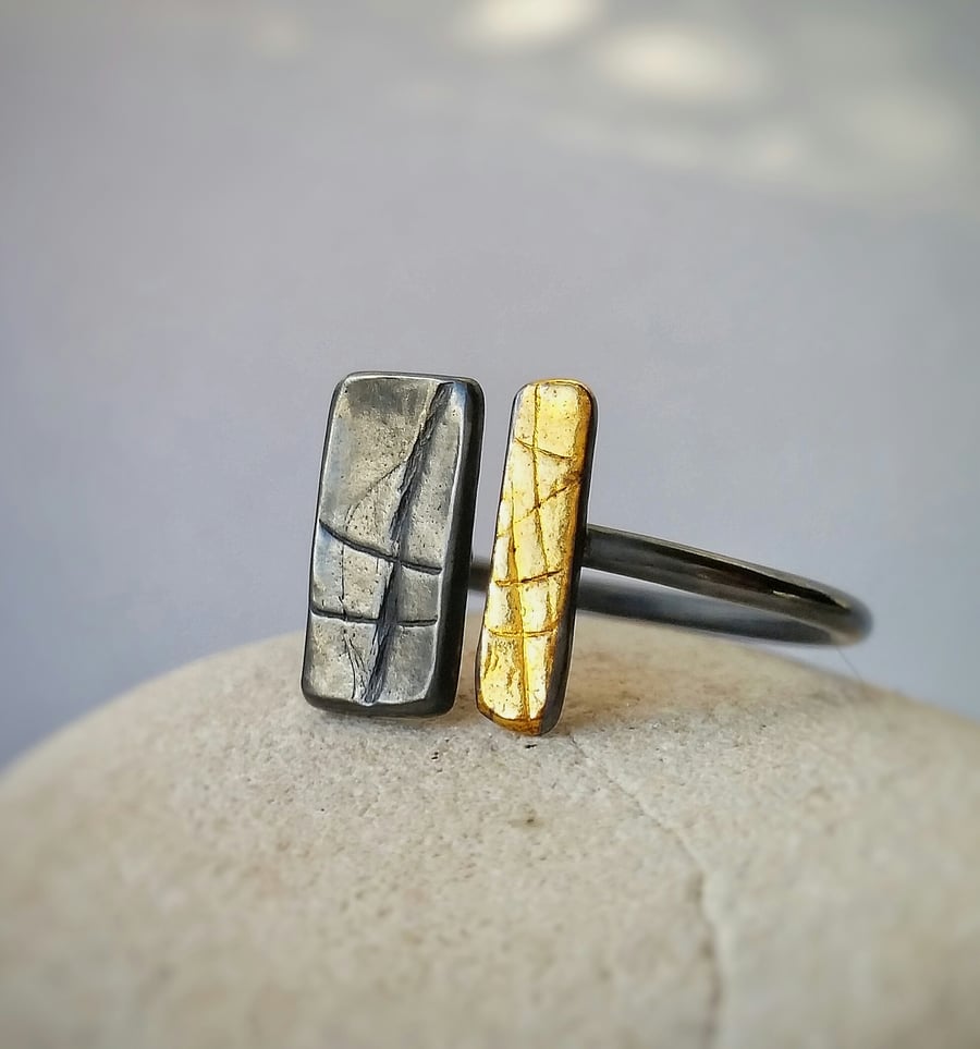 Organic feel adjustable silver ring with 24ct gold detail 