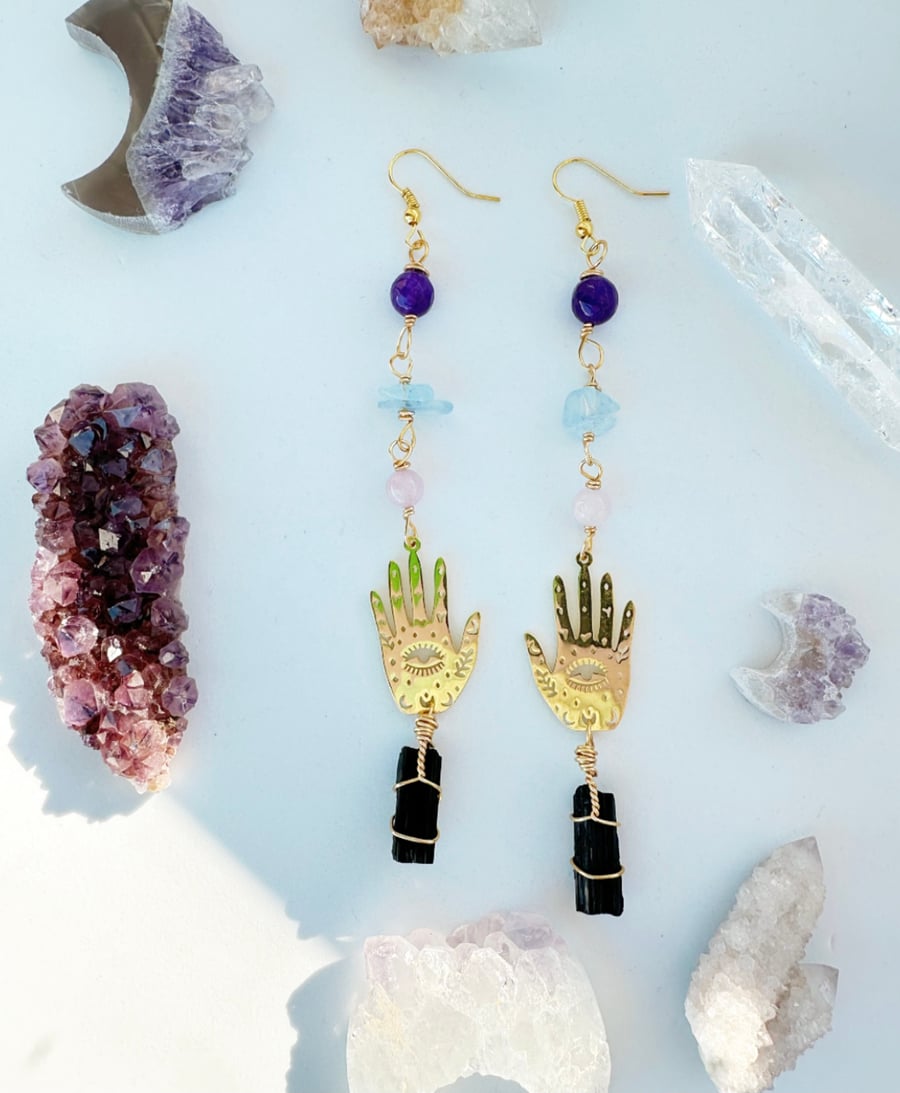 Crystal Hamsa Hand dangle earring, Black Tourmaline earrings, Aquamarine,Kunzite