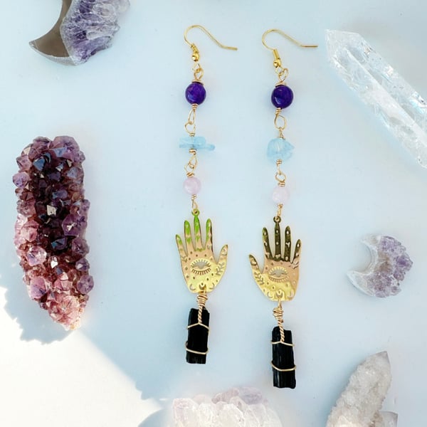 Crystal Hamsa Hand dangle earring, Black Tourmaline earrings, Aquamarine,Kunzite