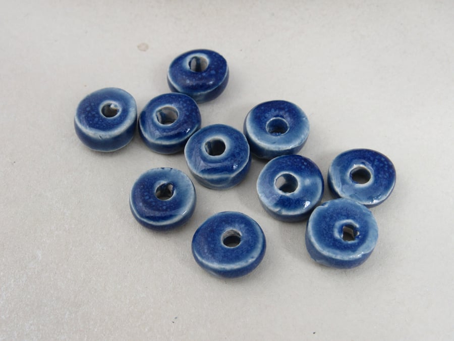 10 Small Ice Blue Glazed Ceramic Washer Beads