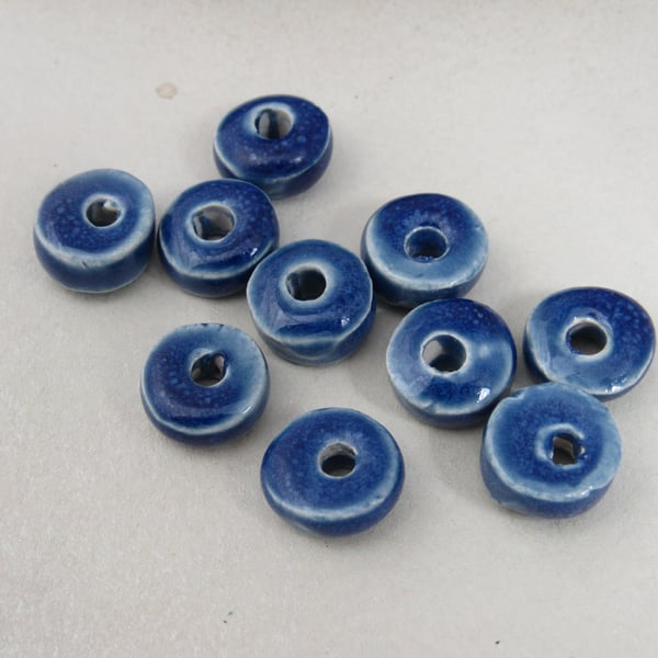 10 Small Ice Blue Glazed Ceramic Washer Beads
