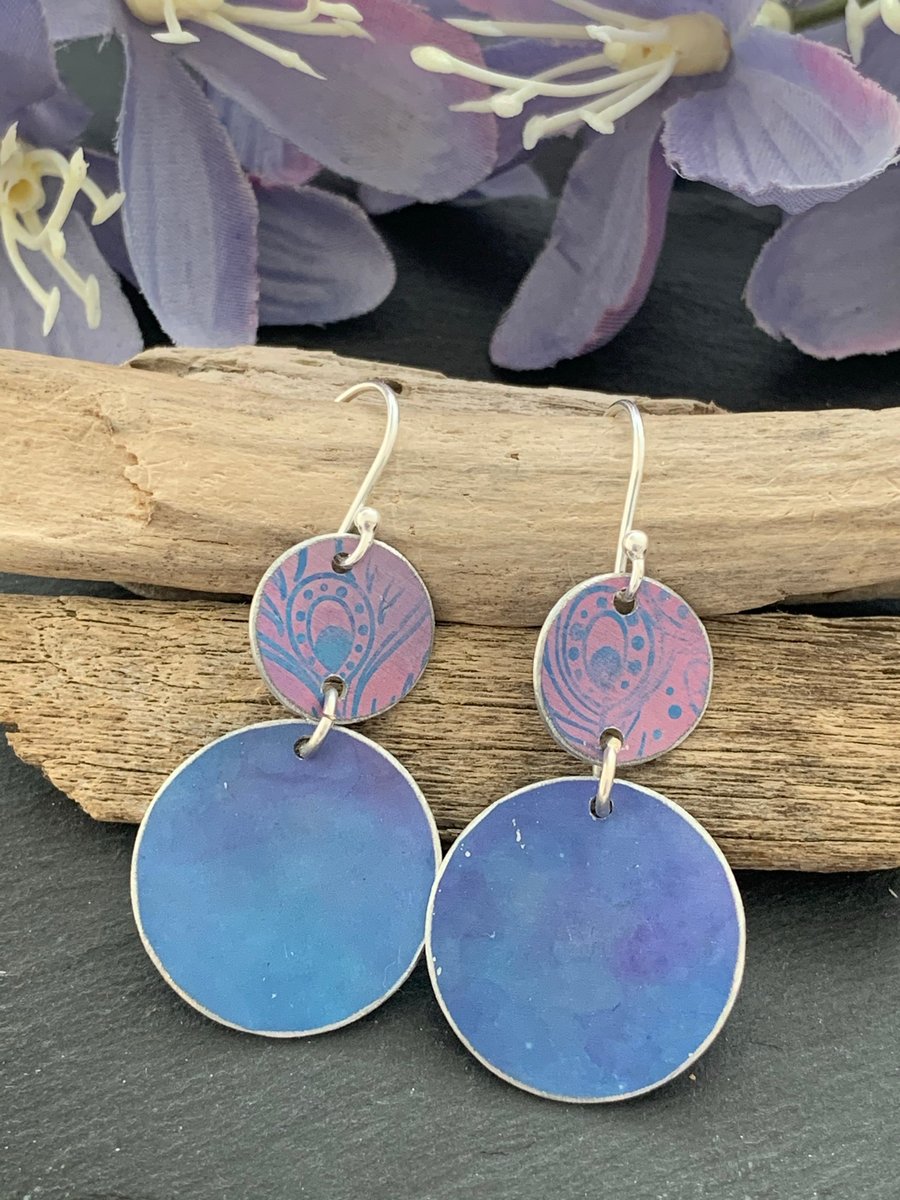 Printed Aluminium Earrings- Cornflower Blue and Lilac Peacock Print