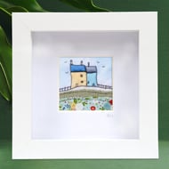 Little 3D houses fabric picture, textile art, gift