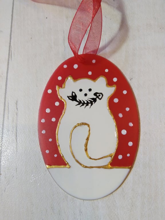 Snow Cat Christmas Decoration, glass ornament, hand painted