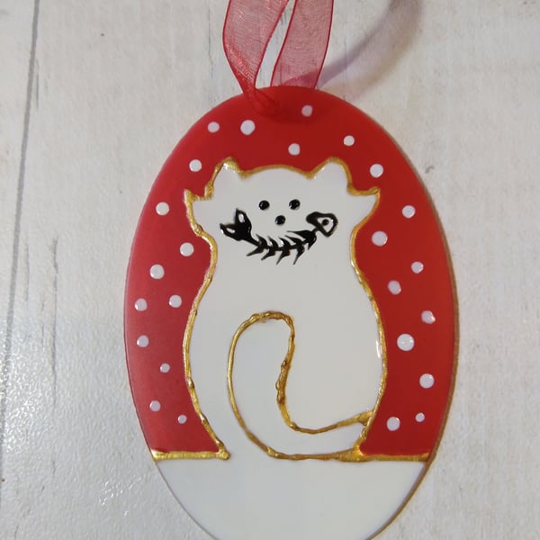 Snow Cat Christmas Decoration, glass ornament, hand painted