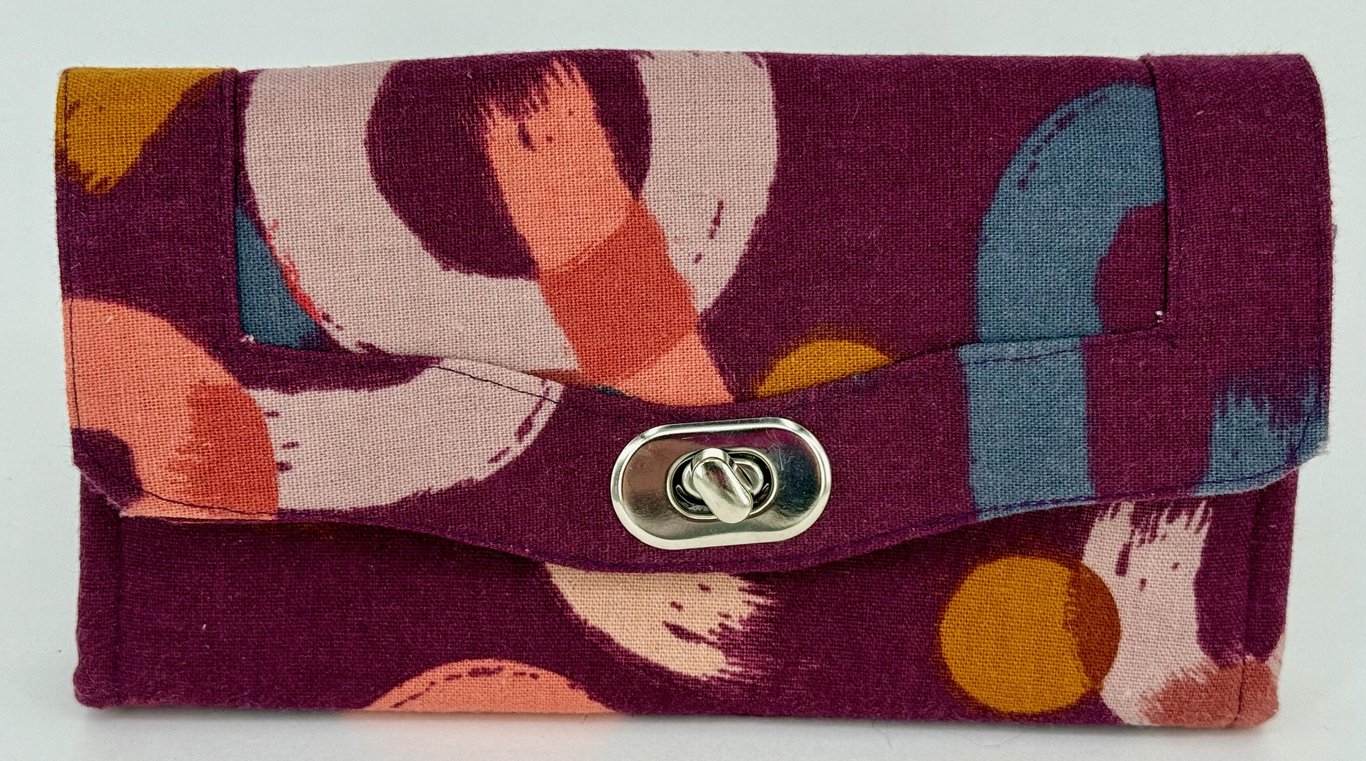 Handmade burgundy cotton canvas twist lock wallet with card slots and coin purse