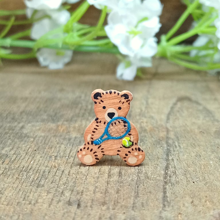 Tennis, Handmade Tiny Tennis Player Bear Pin, Tennis Fan Gift