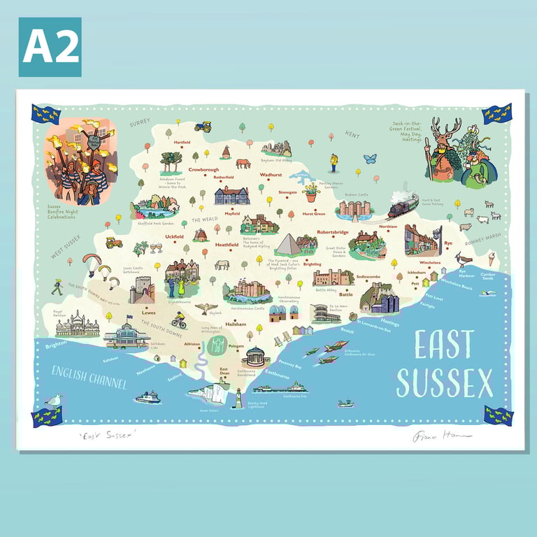 East Sussex A2 illustrated map poster by Fiona Horan
