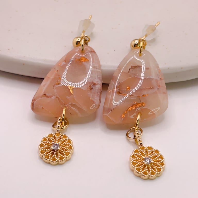Beige gold dangle earrings, Elegant faux-stone polymer clay jewellery for gift