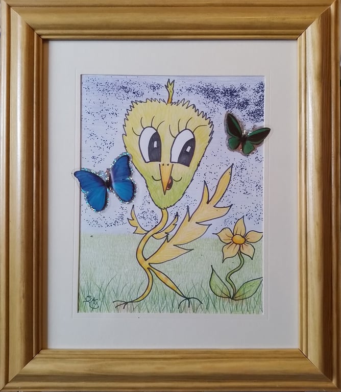 CrazyKytes Budgie - Original Pencil Drawing in a mount & wooden frame 13" x 15"