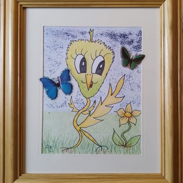 CrazyKytes Budgie - Original Pencil Drawing in a mount & wooden frame 13" x 15"