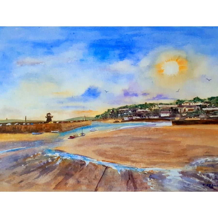 Winter Sunshine St. Ives Harbour. Original Watercolour Painting 