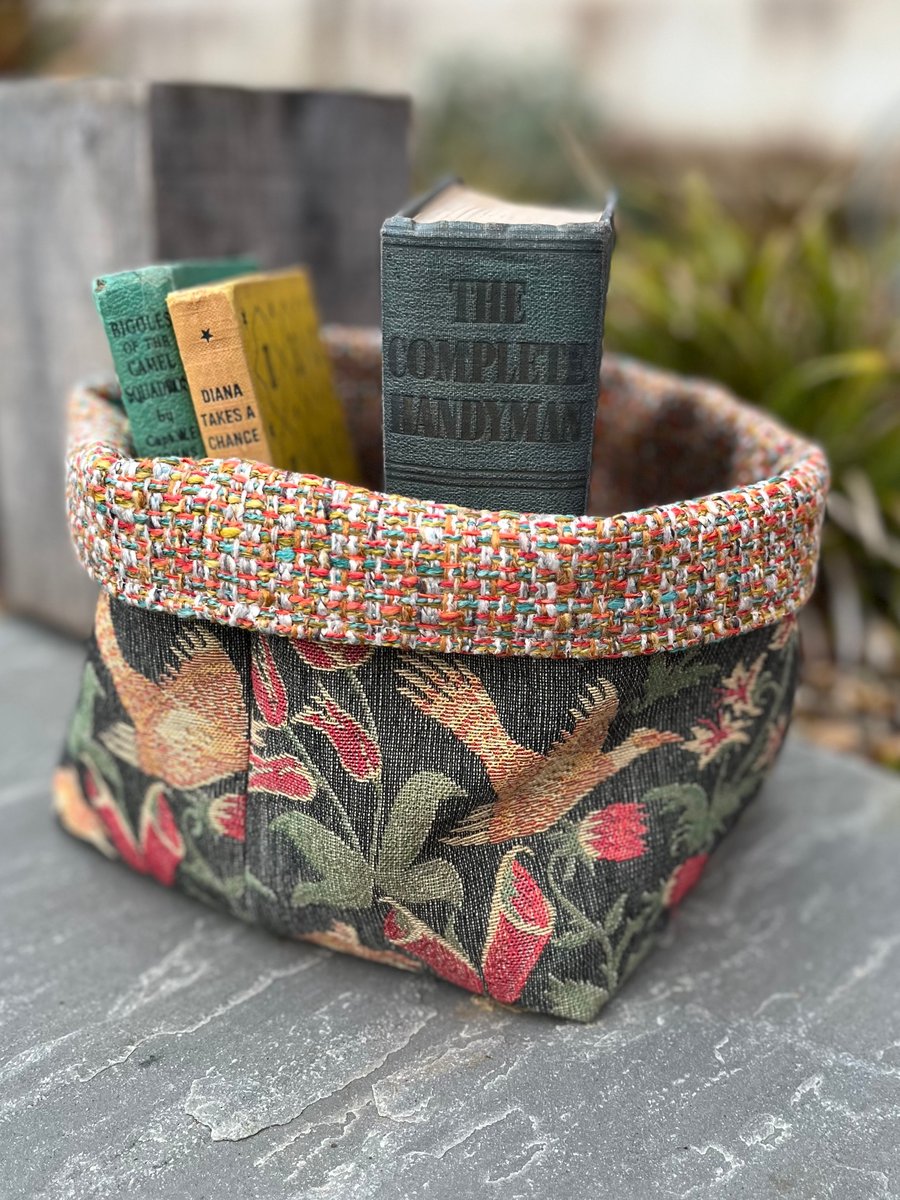 Large woodland animals tapestry and woven fabric reversible storage basket