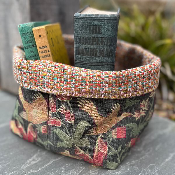 Large woodland animals tapestry and woven fabric reversible storage basket