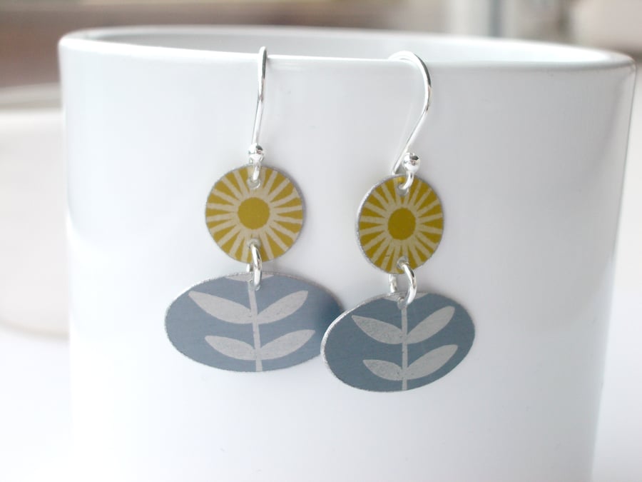 Folk art flower earrings in mustard and grey