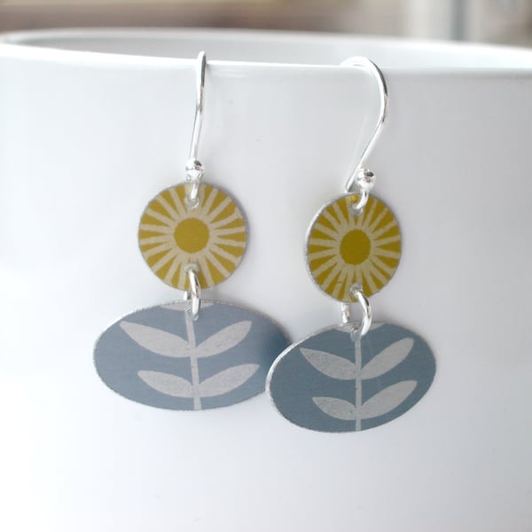 Folk art flower earrings in mustard and grey