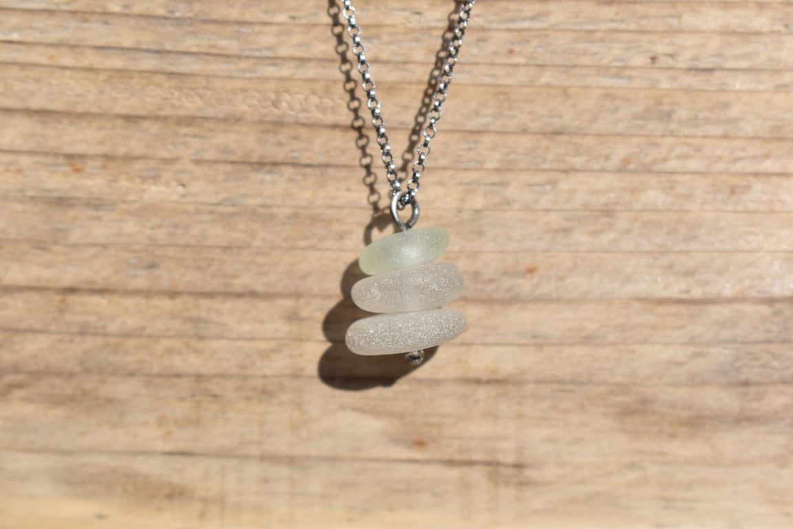 Stacked Sea Glass and Recycled Sterling Silver Necklace, White & Pale Seafoam