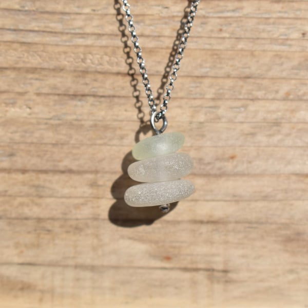 Stacked Sea Glass and Recycled Sterling Silver Necklace, White & Pale Seafoam