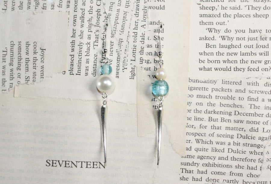 Blue Bead and Pearl Dangle Earrings