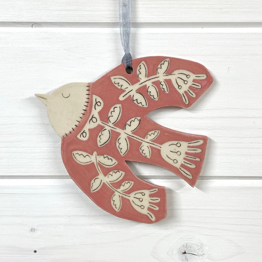 Handmade Pretty Ceramic Flower Bird Wall Hanging Decoration Gift - Pink