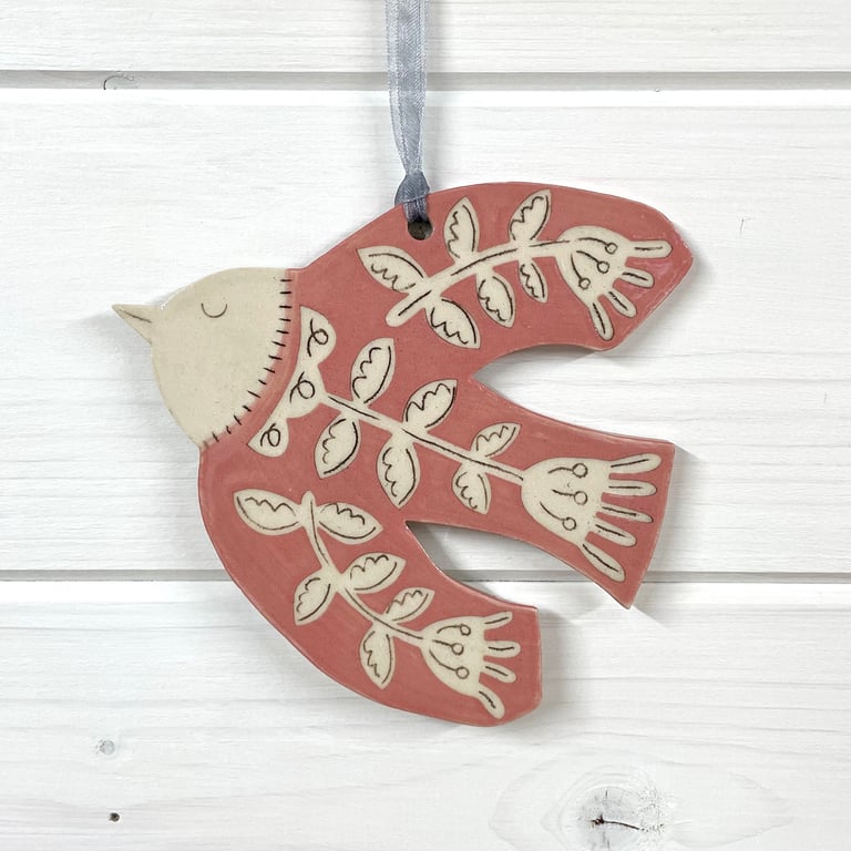 Handmade Pretty Ceramic Flower Bird Wall Hanging Decoration Gift - Pink