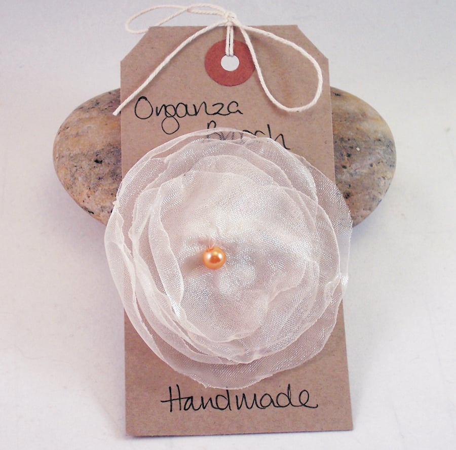 Hand stitched layered organza brooch with coloured pearl - Oyster