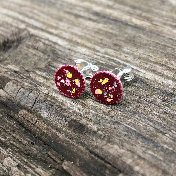 Dark, pink, yellow & turquoise Sterling Silver Hand Enamelled Stud Earrings. 