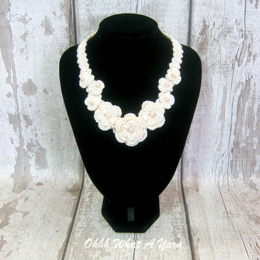 Crochet cream, ivory flower and bead necklace, bridal necklace, wedding necklace