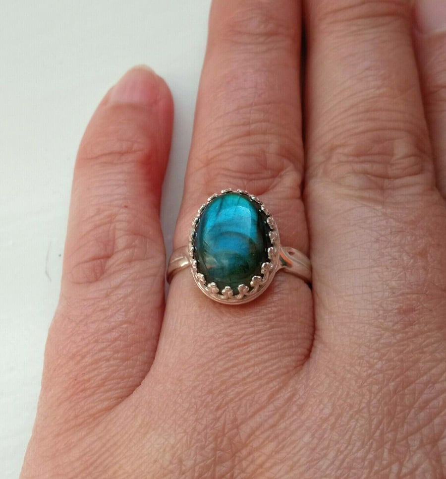 Ring Sterling Silver Adjustable Jewellery Gift Blue Flash Labradorite Gemstone 