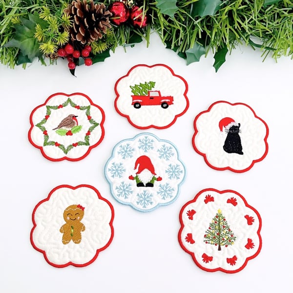 Christmas Embroidered Quilted Cotton Coasters