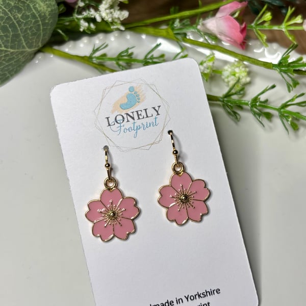 Pink Flower Earrings, Floral Charms, Handmade Jewellery 