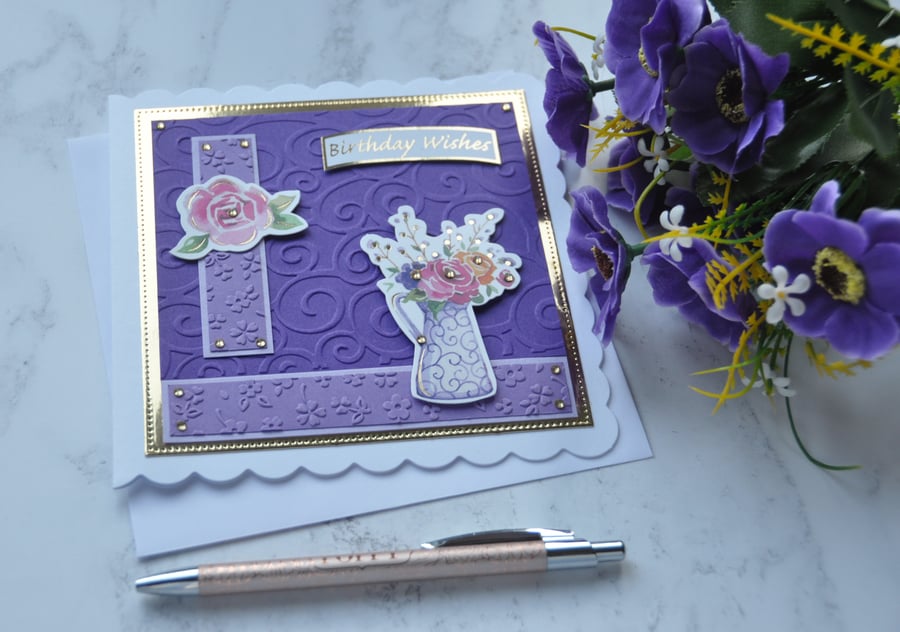 Birthday Card Birthday Wishes Jug of Flowers Roses 3D Luxury Handmade Card