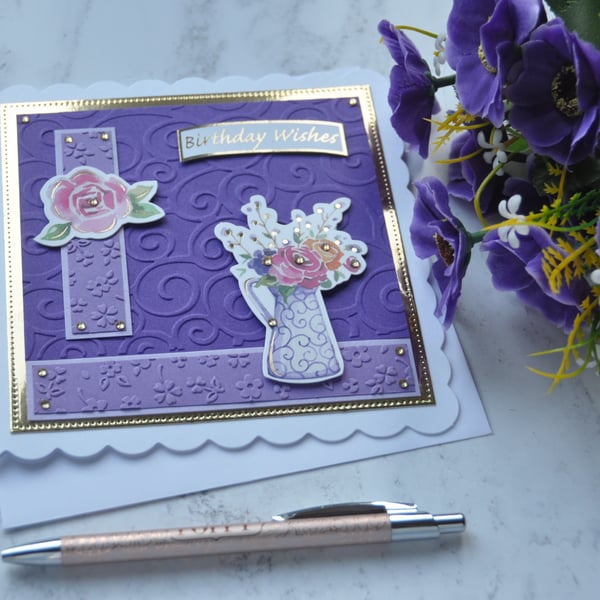 Birthday Card Birthday Wishes Jug of Flowers Roses 3D Luxury Handmade Card