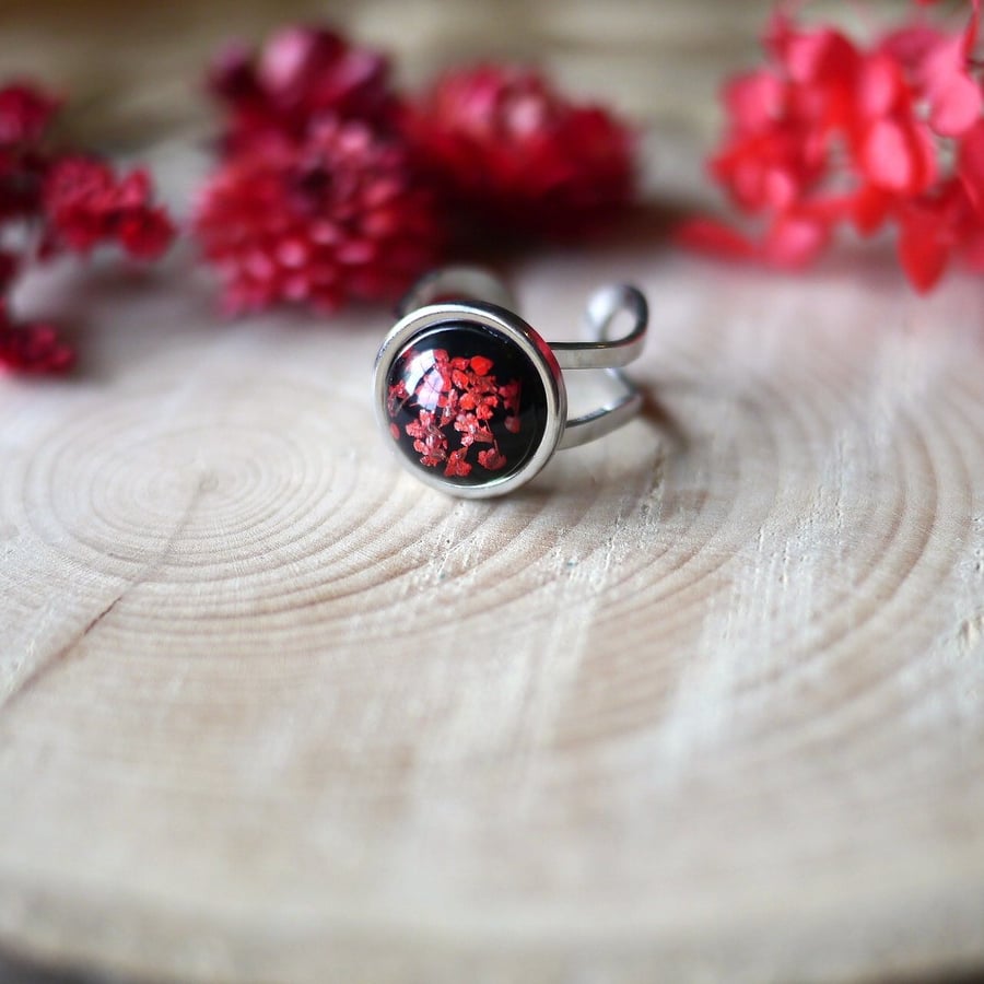 Red Blossom real Flower Adjustable Hypoallergenic Ring