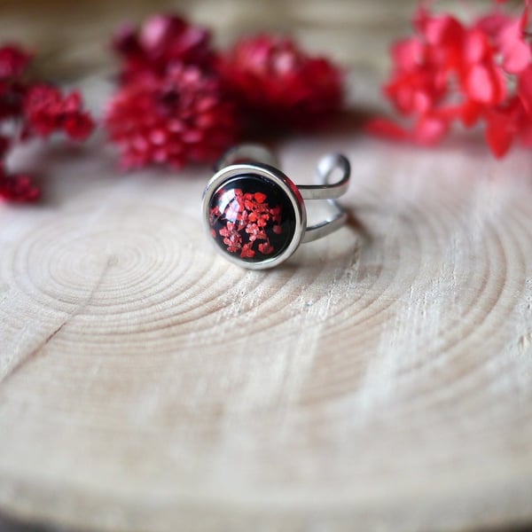 Red Blossom real Flower Adjustable Hypoallergenic Ring