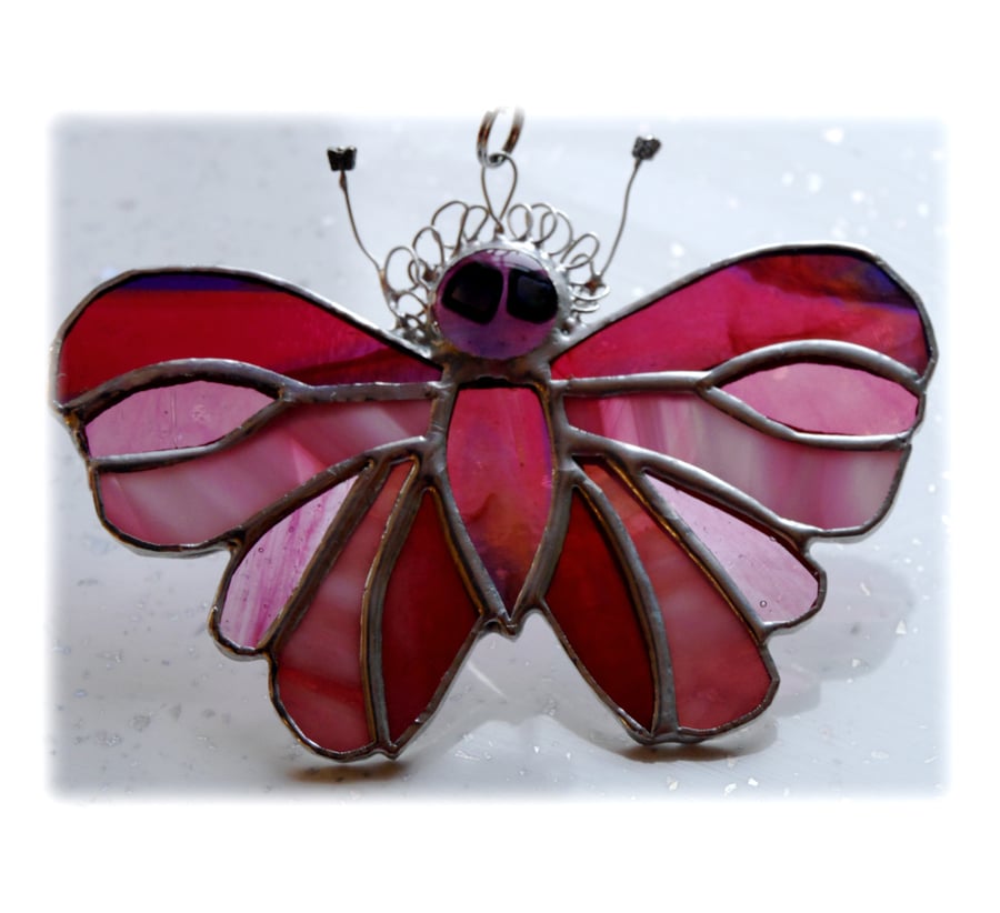  SOLD Cranberry Butterfly Suncatcher Stained Glass Handmade 088