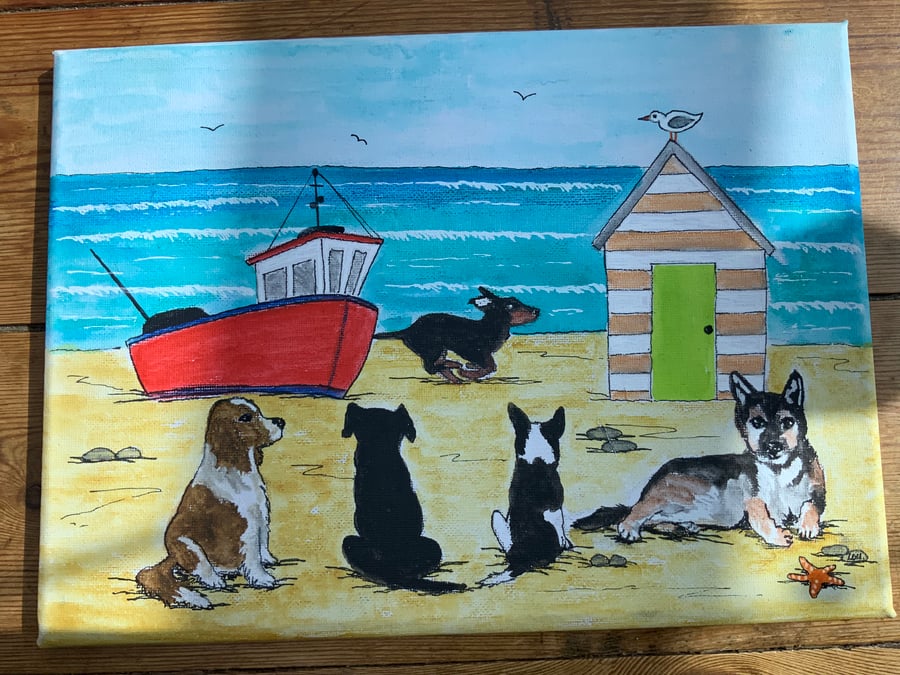 Dog Painting. Five dogs on the beach. Pet portraits. Can paint own pets. 