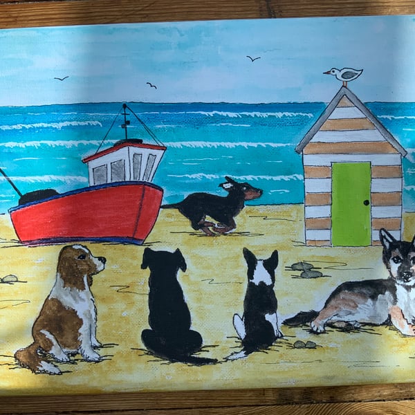 Dog Painting. Five dogs on the beach. Pet portraits. Can paint own pets. 