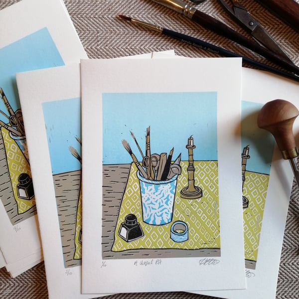"A Useful Pot" Reduction Lino Print