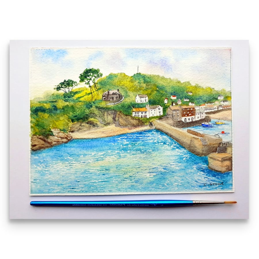 Polperro Beach and Breakwater  small 7 x 5 inch watercolour painting. 