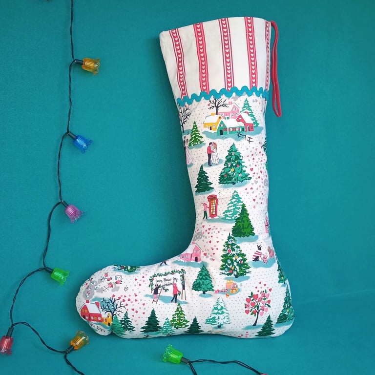 Upcycled Christmas Stocking - snowy winter scene with pink and red hearts