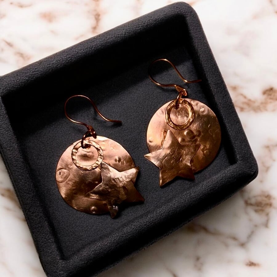 Celestial Moon Earrings  - Textured Copper