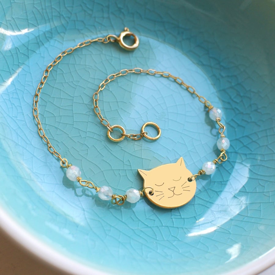 Personalised Gold Little Cat Face and Moonstone Bracelet, cat bracelet