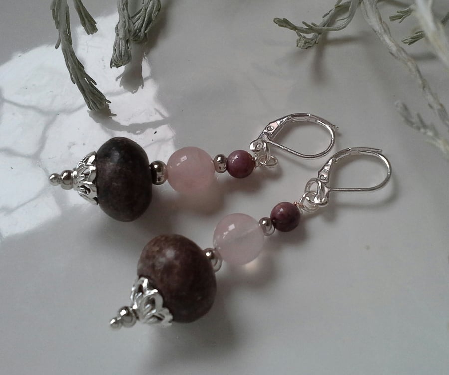 Charoilite, Ruby & Rose Quartz Earrings Silver Plated